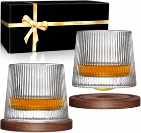 Whiskey Glasses Set of 2, Rotatable Tumbler Crystal Glass Cups, Drinking Glasses with 2Pcs Creative Walnut Coasters and Gift Box - for Scotch,Bourbon,Cocktails