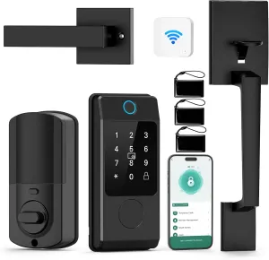 WiFi Front Dook Locks Sets, Miuedo Keyless Entry with HandleSets with Electronic Keypads, Biological Fingerprint Smart Deadbolt, Auto-Lock, Wi-Fi Acess, Gateway Included (Black)