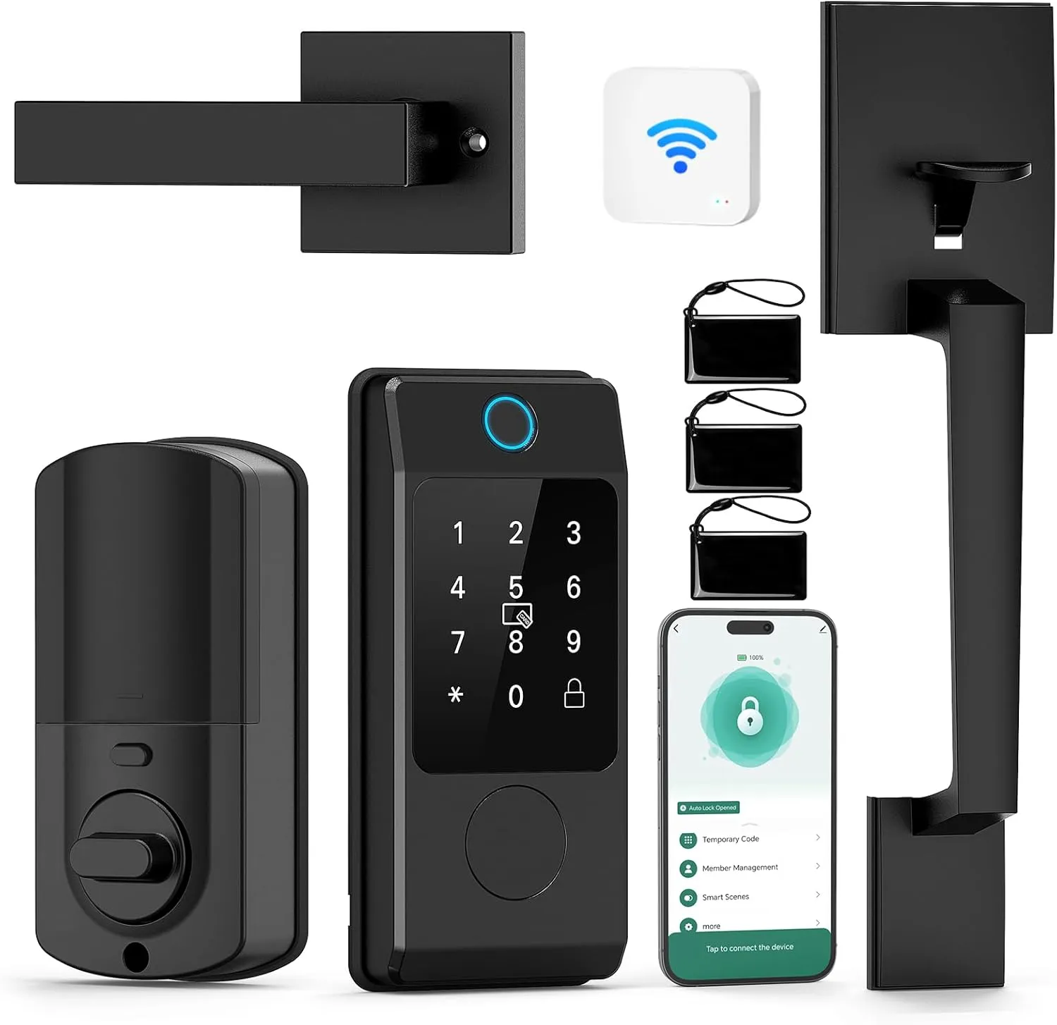 WiFi Front Dook Locks Sets, Miuedo Keyless Entry with HandleSets with Electronic Keypads, Biological Fingerprint Smart Deadbolt, Auto-Lock, Wi-Fi Acess, Gateway Included (Black)