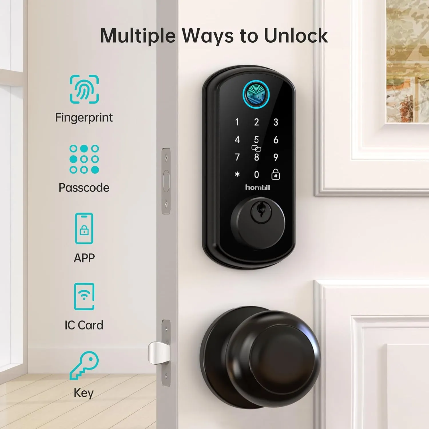 WiFi Smart Door Lock Set: Hornbill Keyless Entry Door Lock Deadbolt with Handle Set Fingerprint Front Door Lock with 2 Knobs Alexa Bluetooth Remote Code Auto Lock for Home Hotel Security Black
