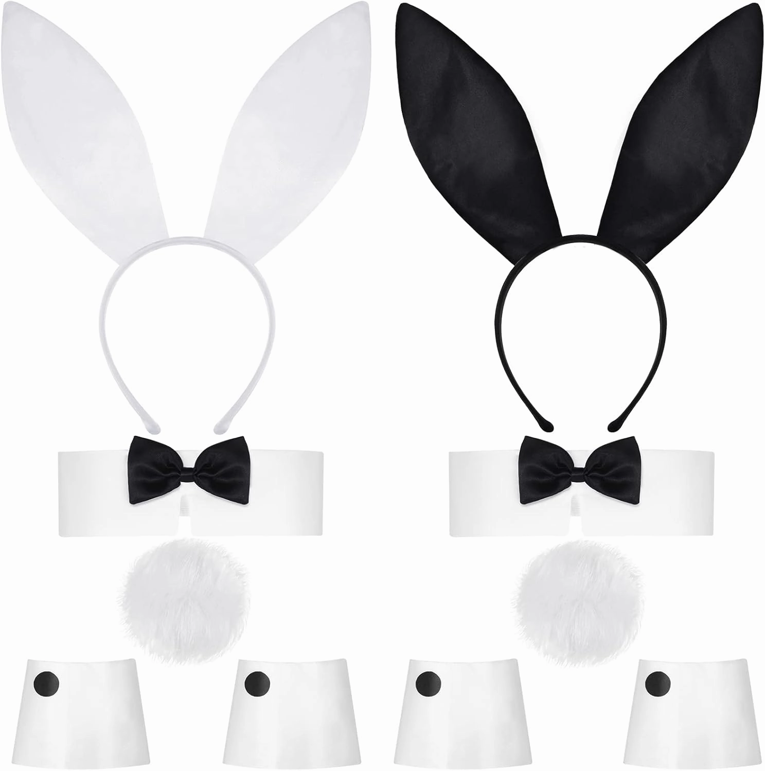 WILLBOND 10 Pcs Bunny Costume Set Bunny Outfit for Women Rabbit Ears Headband Bow Tie Cuff and Tail Accessories(Black, White)
