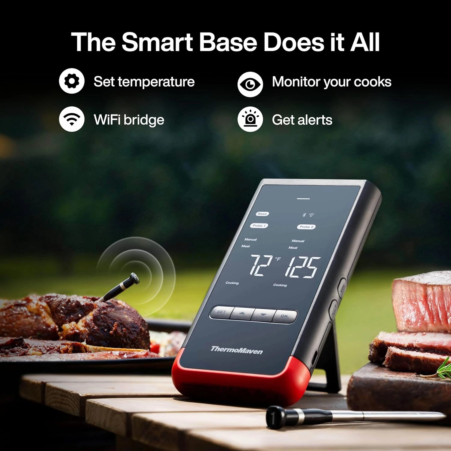 Wireless Smart Bluetooth Meat Thermometer: Standalone Base, WiFi Unlimited Range, 6 Sensors with NIST Certified Accuracy, 2 Probes for BBQ, Grill, Oven, Smoker, Rotisserie (Red)