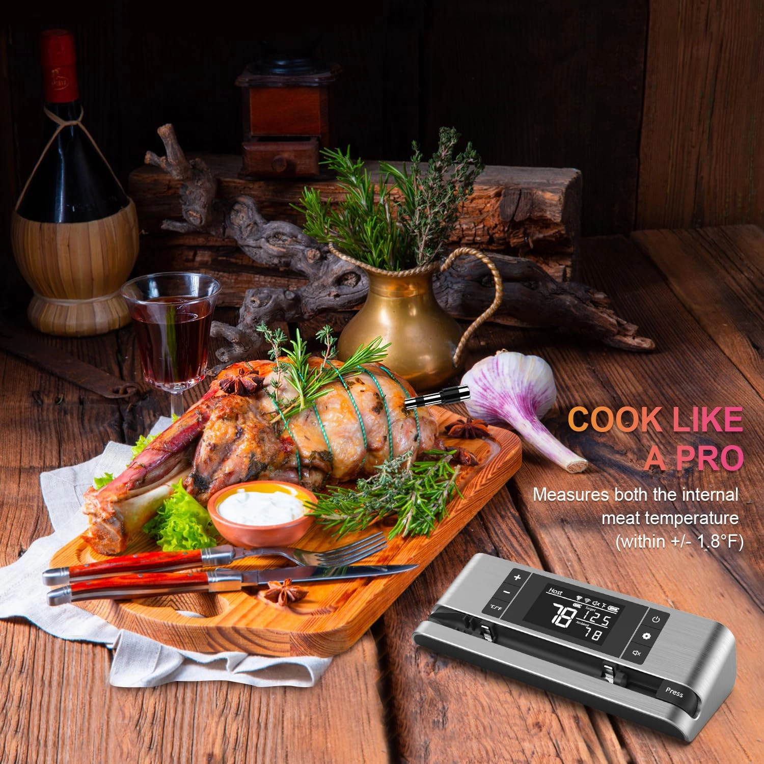 Wireless Smart Meat Thermometer with Dual-Sensor Probe, 500FT Remote Monitoring, Dedicated App, Real-Time Ambient and Food Temperature Tracking for Precise Cooking Control