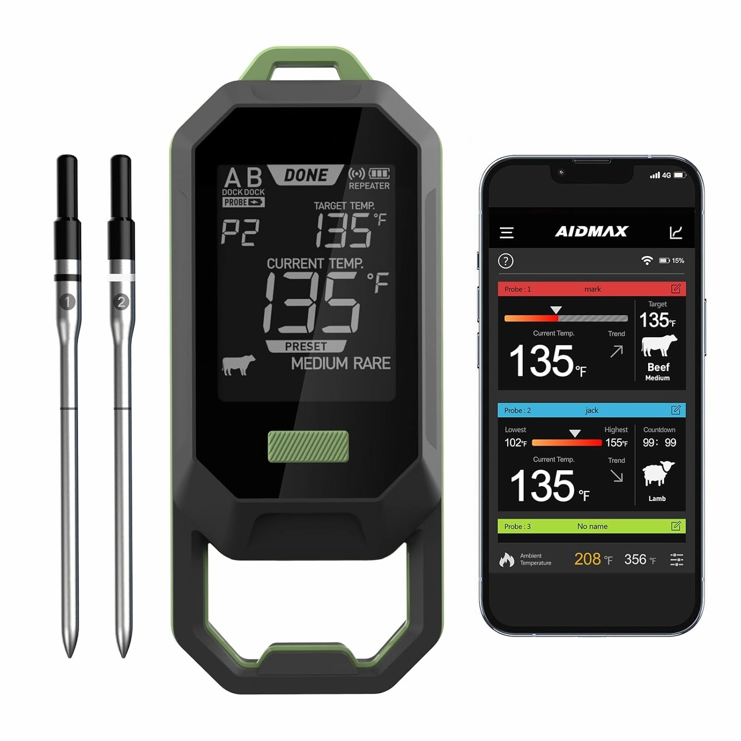 Wireless Smart Meat Thermometer with Dual-Sensor Probe, 557FT Remote Monitoring, Dedicated App, Real-Time Ambient and Food Temperature Tracking for Precise Cooking Control,BBQ,Grill,Smoker