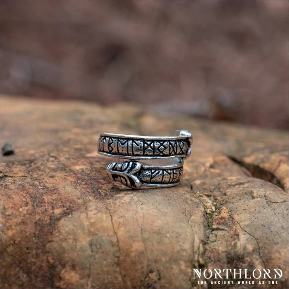 Wolf Ring With Runes, Historical, Silvered Bronze