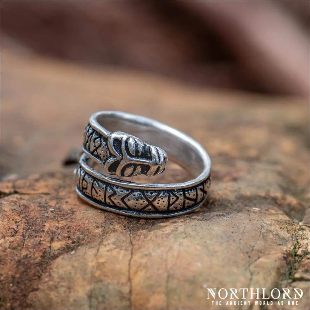 Wolf Ring With Runes, Historical, Silvered Bronze