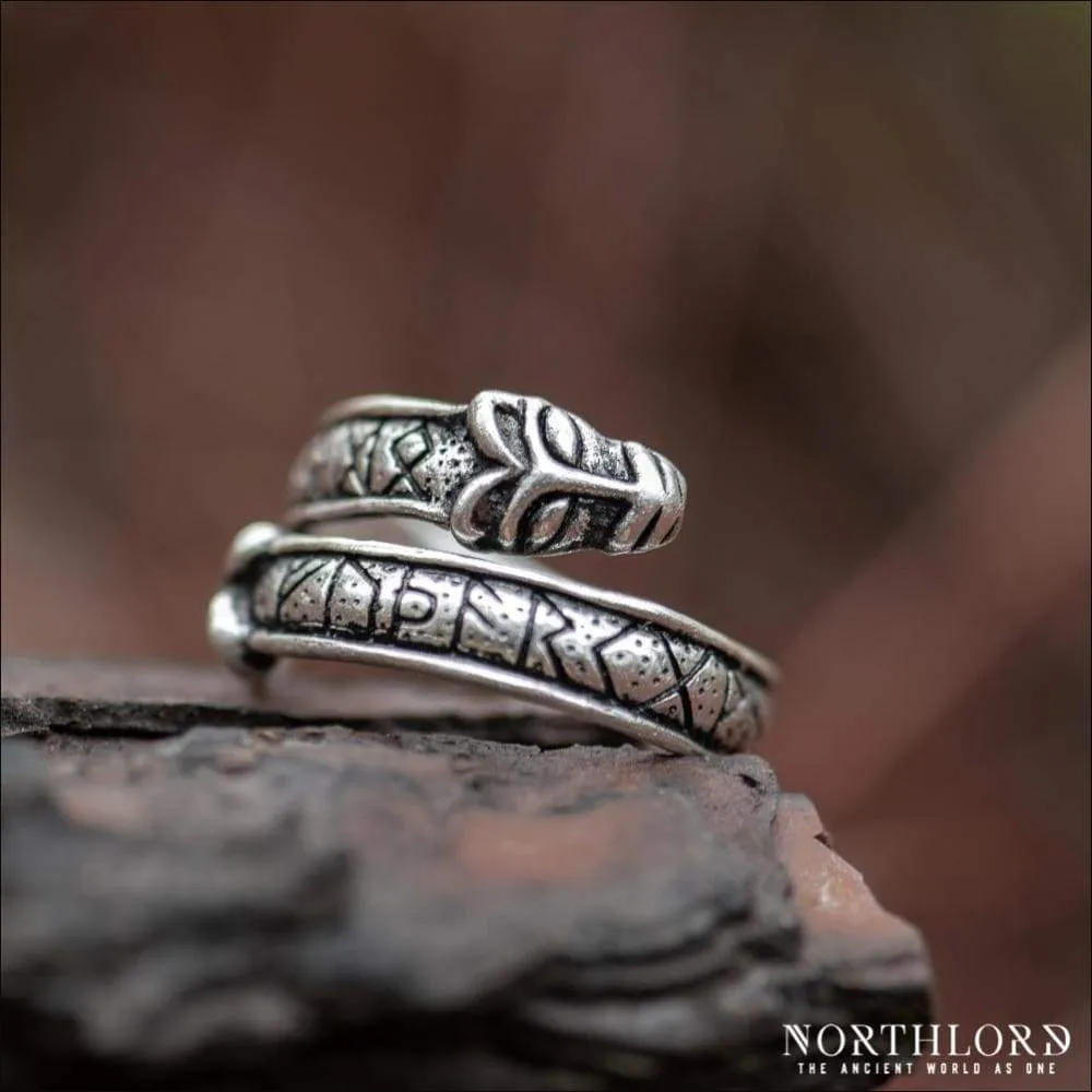 Wolf Ring With Runes, Historical, Silvered Bronze