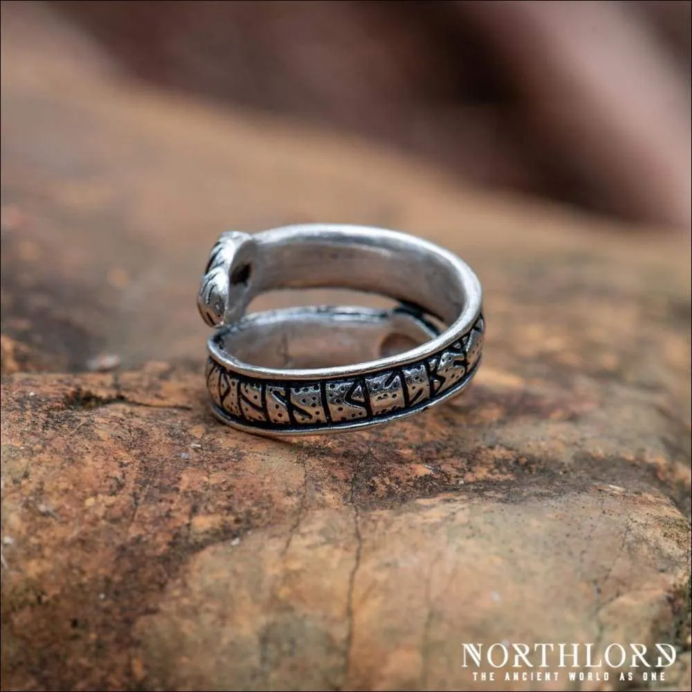 Wolf Ring With Runes, Historical, Silvered Bronze