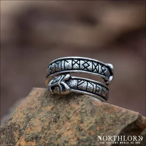Wolf Ring With Runes, Historical, Silvered Bronze
