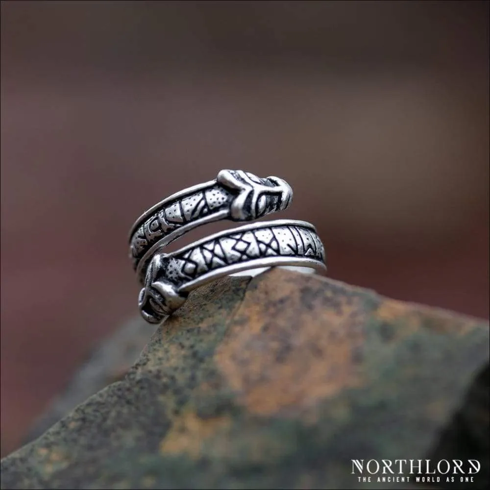 Wolf Ring With Runes, Historical, Silvered Bronze