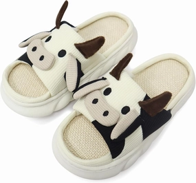 Women Cute Animal Cow Slippers - Cartoon Indoor Outdoor Man Cotton House Fuzzy Comfortable Slides