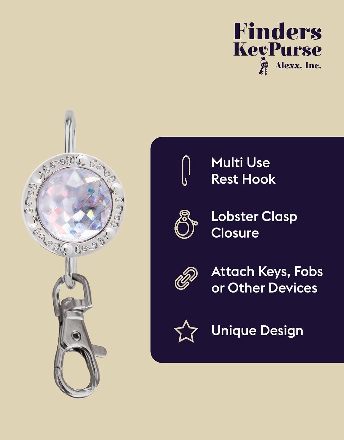 Women’s Bag Charm Key Finder, Car Keychain Hook, Cute Purse Organizer & Tote Bag Accessories, Gifts for Mom - Gems