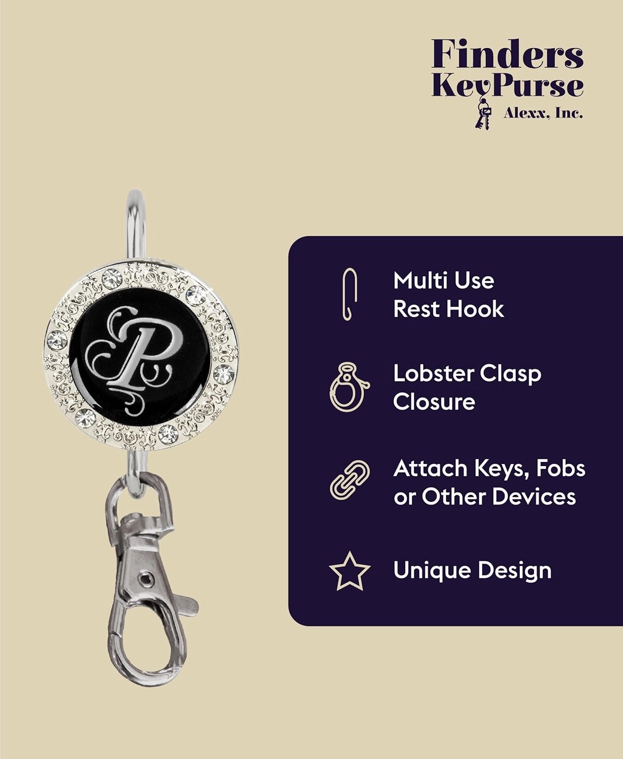 Women’s Bag Charm Key Finder, Car Keychain Hook, Cute Purse Organizer & Tote Bag Accessories, Gifts for Mom - Monogram Letter