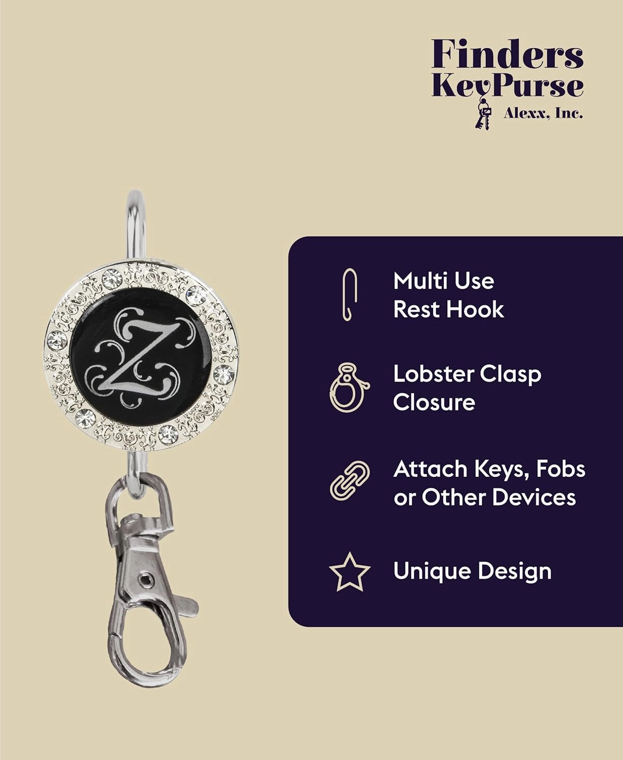 Women’s Bag Charm Key Finder, Car Keychain Hook, Cute Purse Organizer & Tote Bag Accessories, Gifts for Mom - Monogram Letter