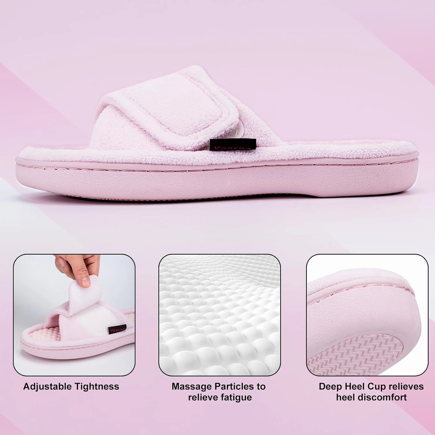 Women’s House Slippers with Memory Foam, Adjustable Open Toe Indoor Outdoor Slippers for Women, Non Slip Washable Fuzzy Home Shoes with Massage Beads