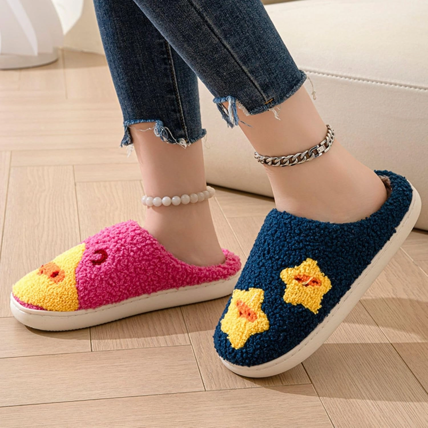 Women's Plush Heart Love Slippers - Blue Eyes Mushroom Cat Ears Retro Memory Foam Soft Plush Home Shoes