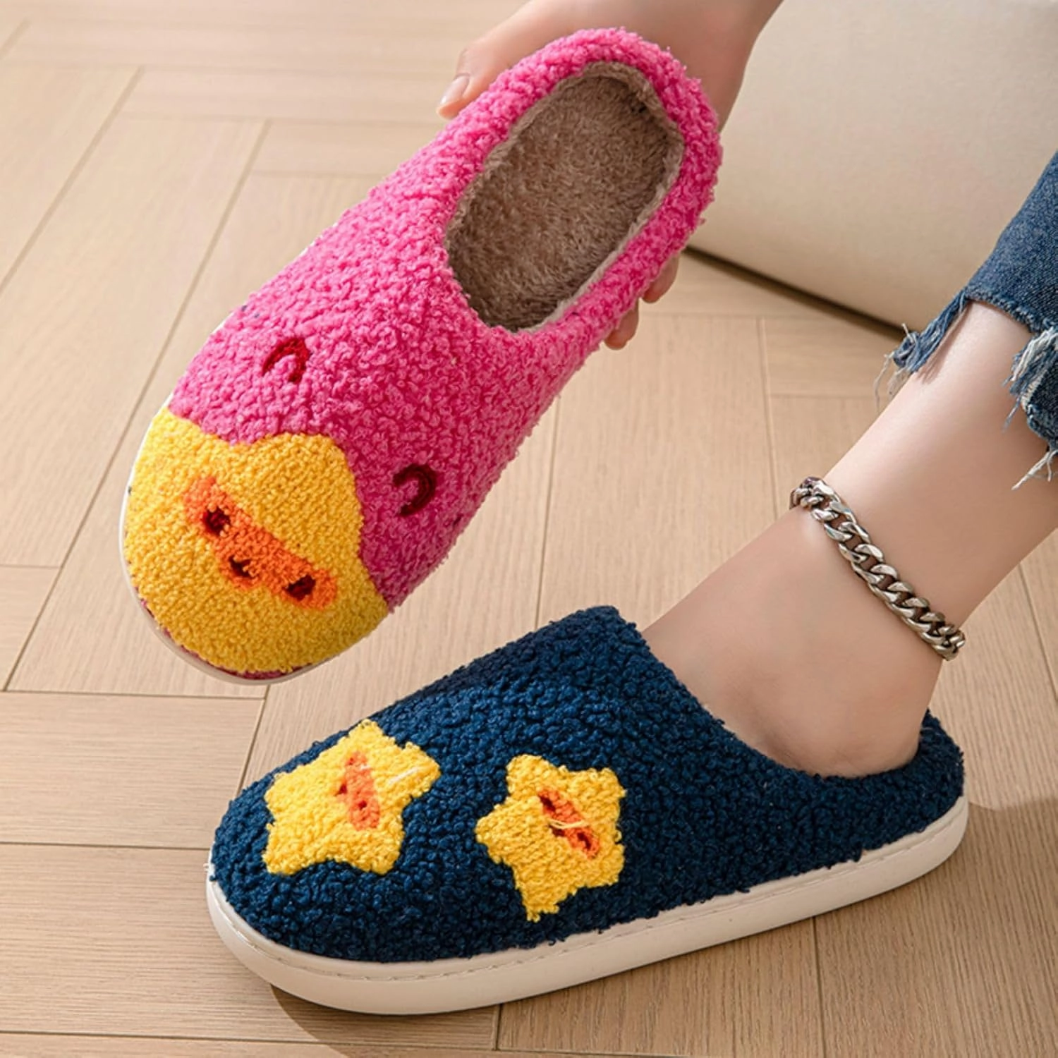 Women's Plush Heart Love Slippers - Blue Eyes Mushroom Cat Ears Retro Memory Foam Soft Plush Home Shoes