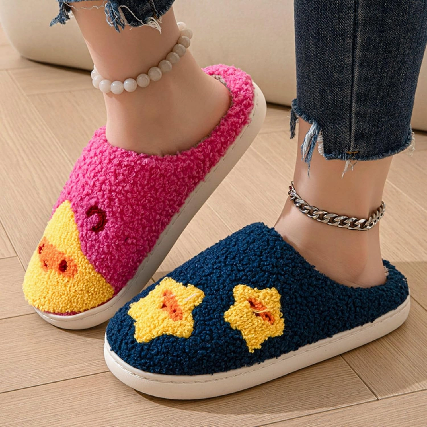 Women's Plush Heart Love Slippers - Blue Eyes Mushroom Cat Ears Retro Memory Foam Soft Plush Home Shoes