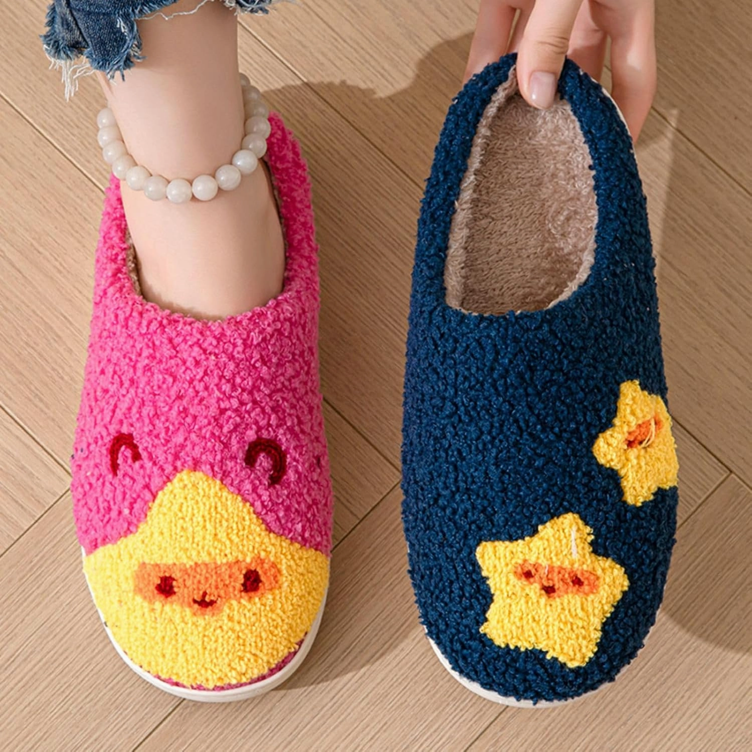 Women's Plush Heart Love Slippers - Blue Eyes Mushroom Cat Ears Retro Memory Foam Soft Plush Home Shoes