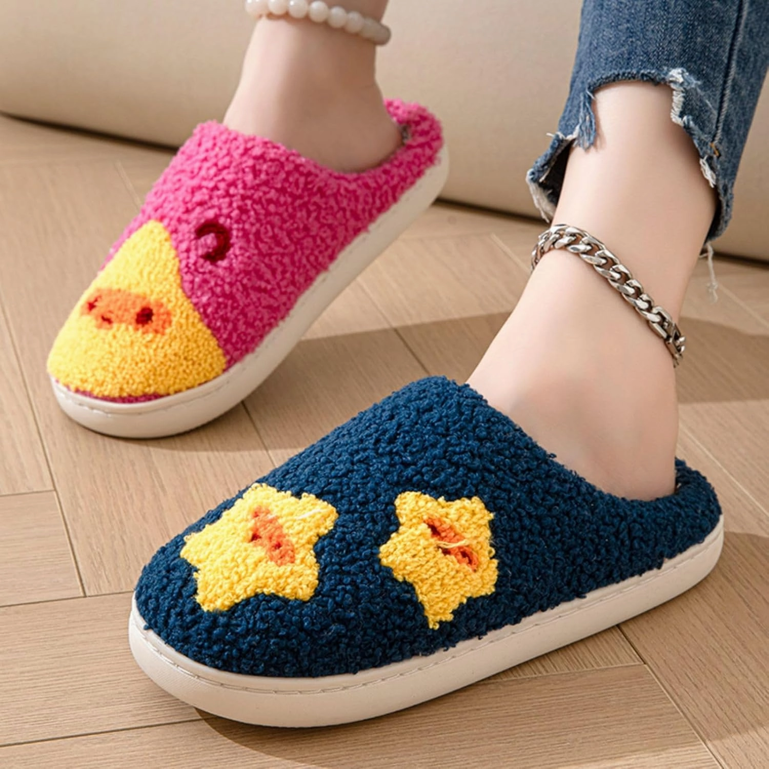 Women's Plush Heart Love Slippers - Blue Eyes Mushroom Cat Ears Retro Memory Foam Soft Plush Home Shoes