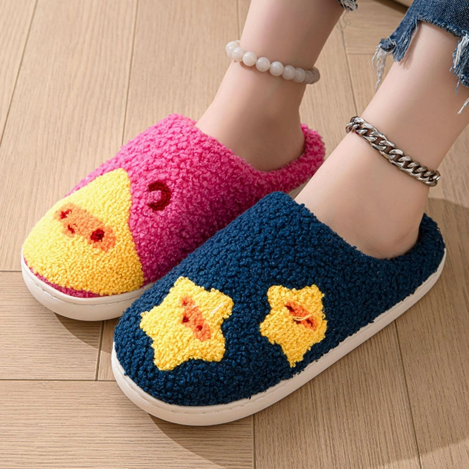 Women's Plush Heart Love Slippers - Blue Eyes Mushroom Cat Ears Retro Memory Foam Soft Plush Home Shoes
