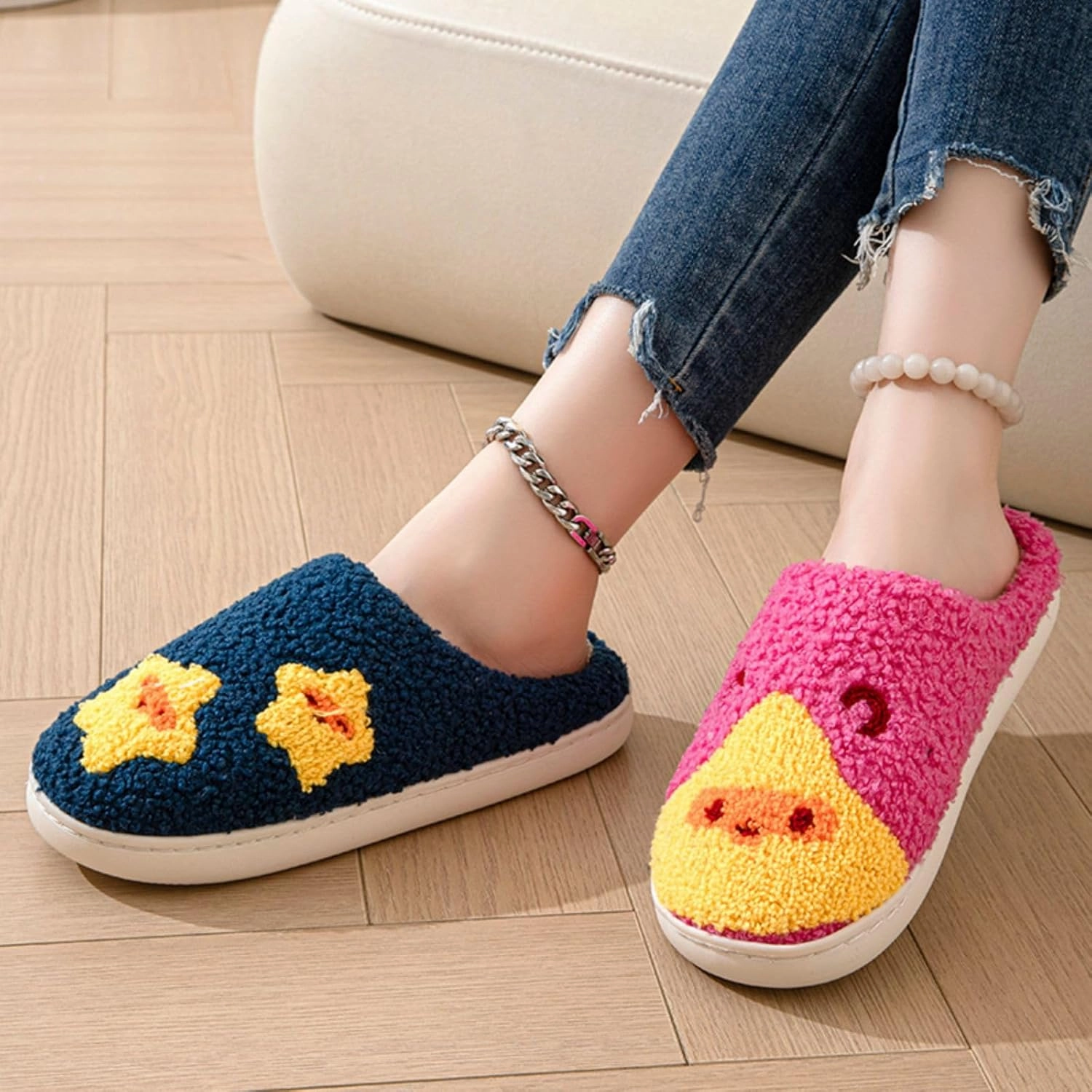 Women's Plush Heart Love Slippers - Blue Eyes Mushroom Cat Ears Retro Memory Foam Soft Plush Home Shoes