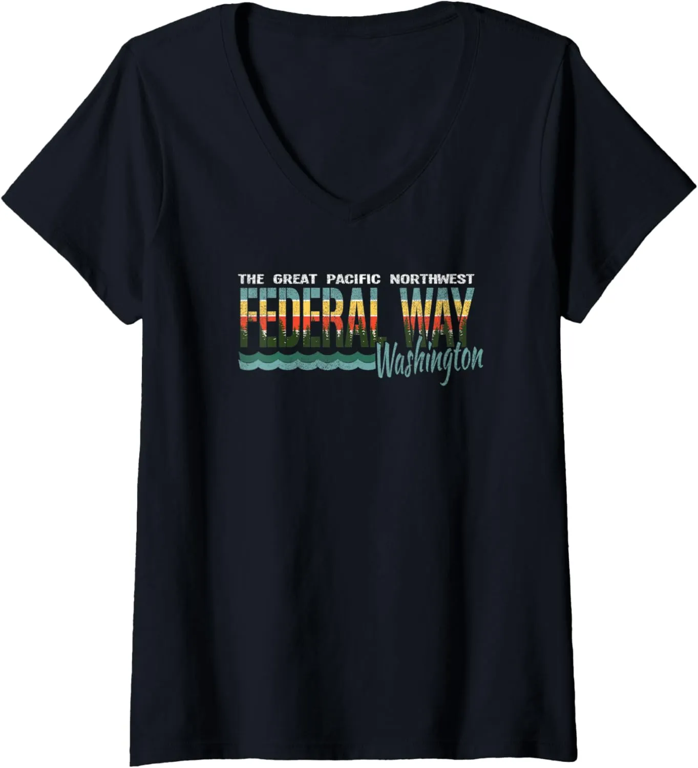 Womens Distressed Retro Federal Way WA Pacific Northwest Shirt PNW V-Neck T-Shirt