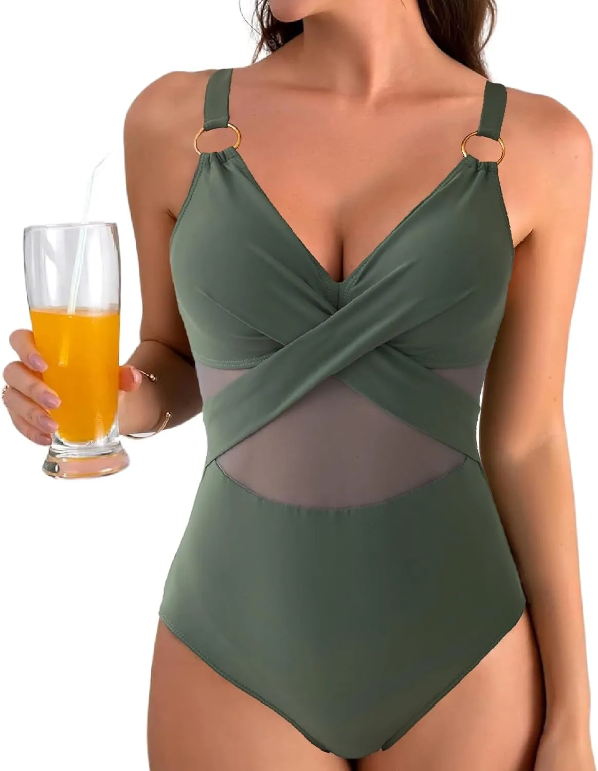 Women's One-Piece Swimsuit Gold Ring Detail Deep V Neck Ring Linked Lace Belly Cupshe Bathing Suits for Swimwear