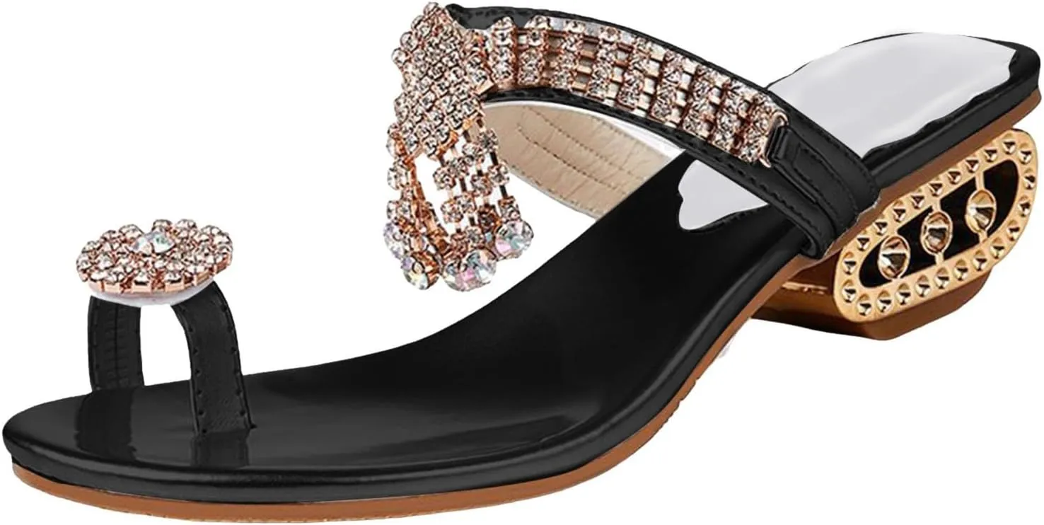 Women's Rhinestone Toe Ring Low Chunky Heel Slide Sandals Crystal Flip Flops with Clip Toe Ring Dressy Bling Slip On Toe Ring Slide Casual Summer Beach Sandals