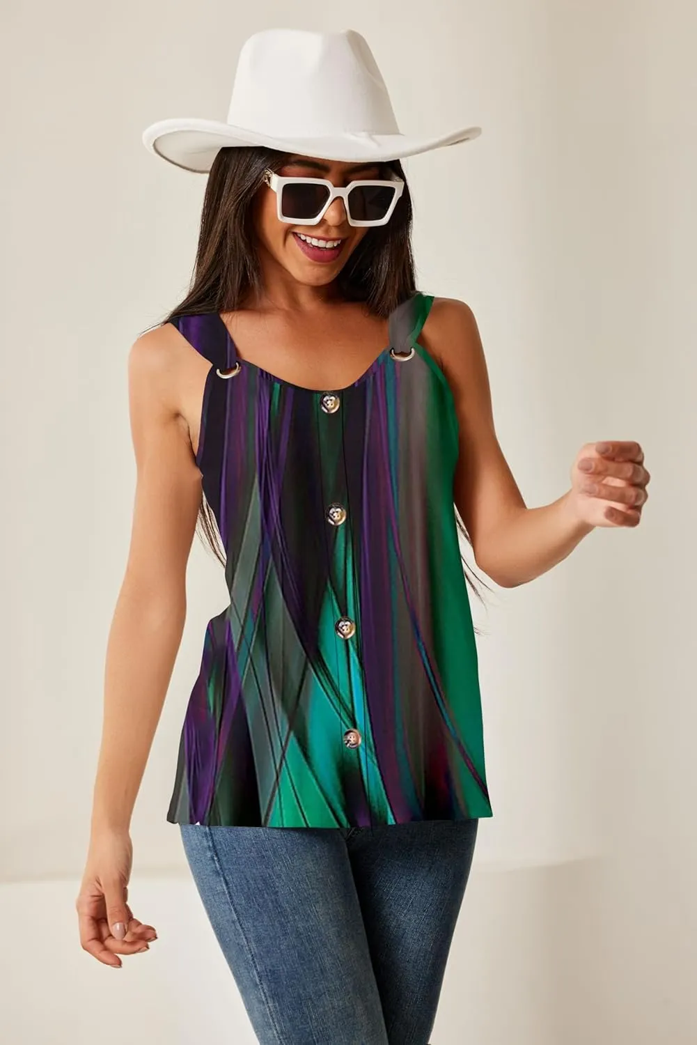 Womens Summer Tops Scoop Neck O Ring Shoulder Tank Tops Casual Sleeveless Button Front T Shirt Blouse