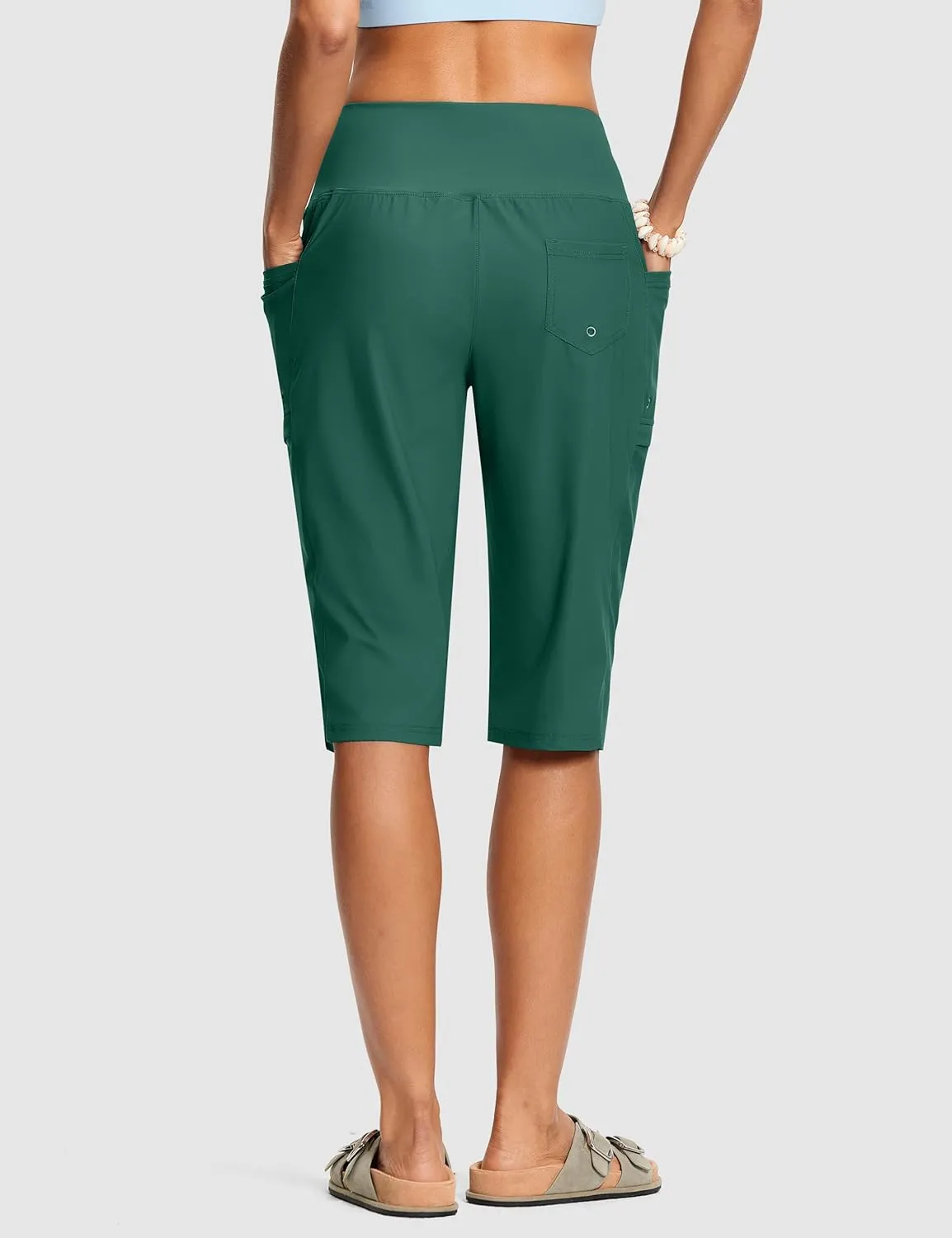 Women's Swim Capris Pants 15" High Waist Tummy Control Quick Dry UPF 50  Long Board Shorts with Liner and Pockets