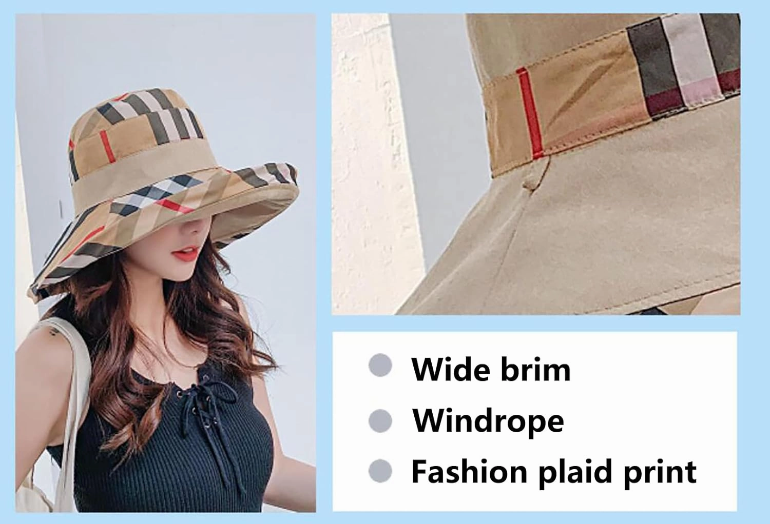 Womens Bucket Hat Beach Sun Hat for Sunmmer Travel Cotton Plaid Colorful Packable Bucket Hats