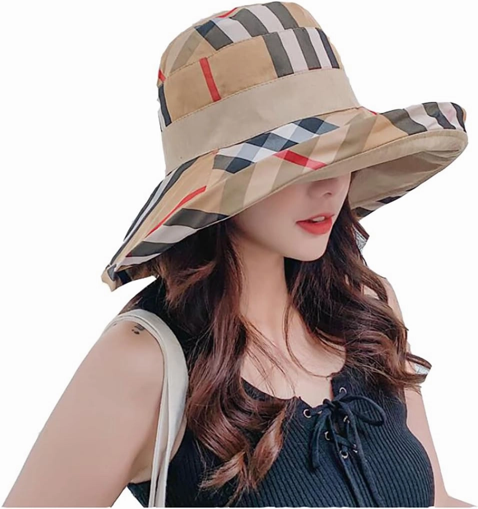 Womens Bucket Hat Beach Sun Hat for Sunmmer Travel Cotton Plaid Colorful Packable Bucket Hats