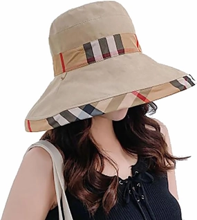 Womens Bucket Hat Beach Sun Hat for Sunmmer Travel Cotton Plaid Colorful Packable Bucket Hats