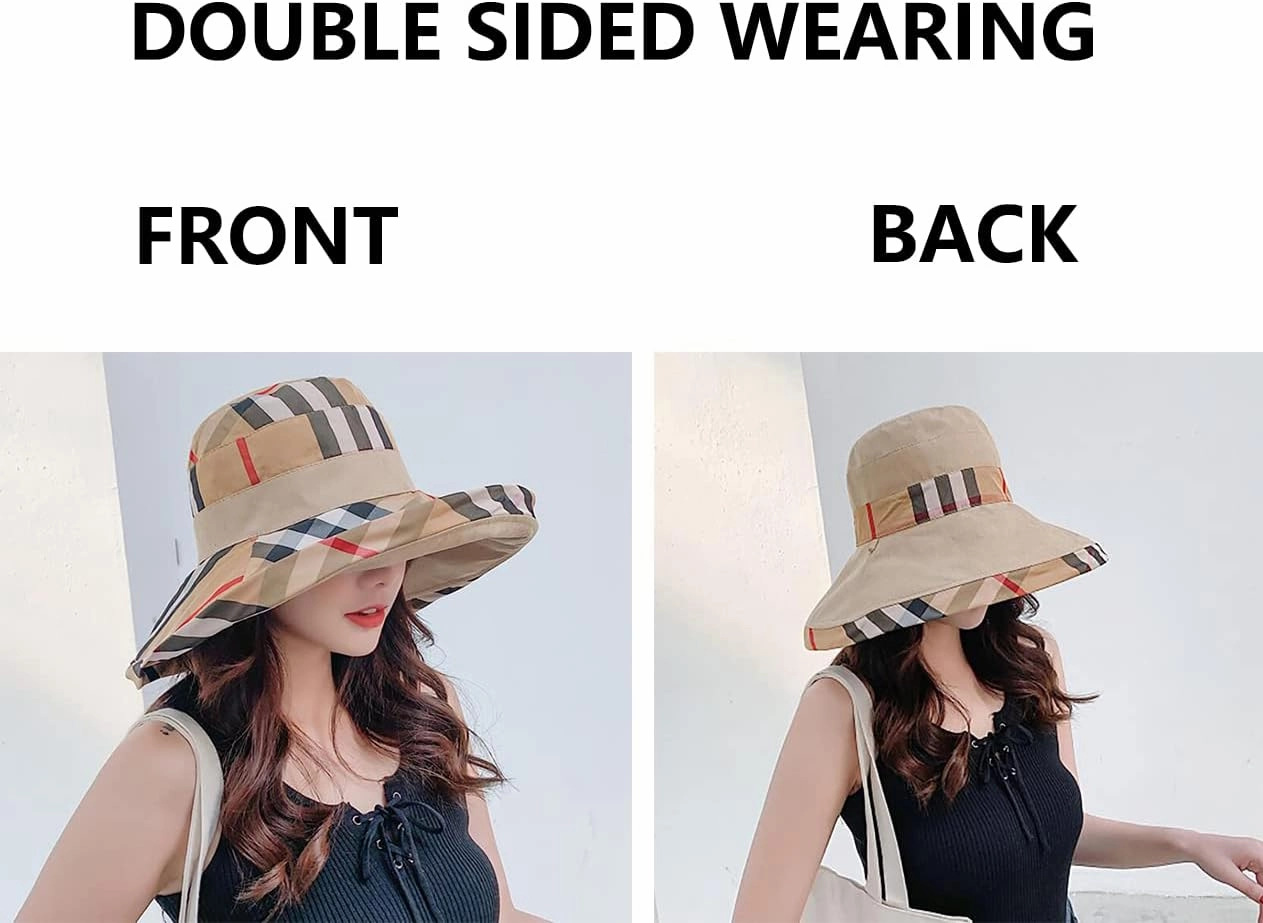Womens Bucket Hat Beach Sun Hat for Sunmmer Travel Cotton Plaid Colorful Packable Bucket Hats
