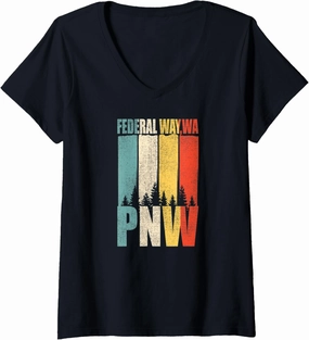 Womens Distressed Retro Federal Way WA Pacific Northwest Shirt PNW V-Neck T-Shirt