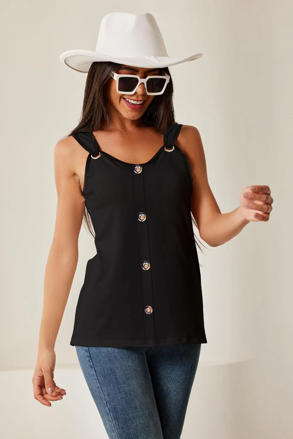 Womens Summer Tops Scoop Neck O Ring Shoulder Tank Tops Casual Sleeveless Button Front T Shirt Blouse