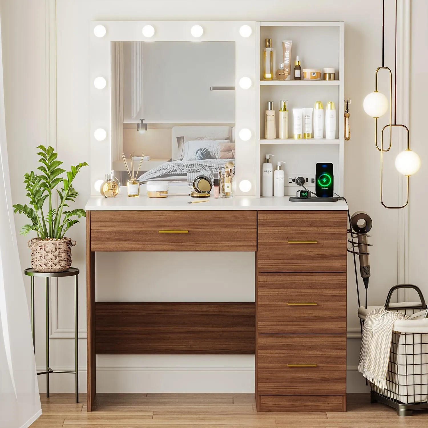 Wood-White Vanity Desk with LED Lighted Mirror, Makeup Vanity Desk with 4 Drawers Storage & Power Outlet, 3 Color Modes & Adjustable Brightness Vanitys Table for Bedroom, 37" W