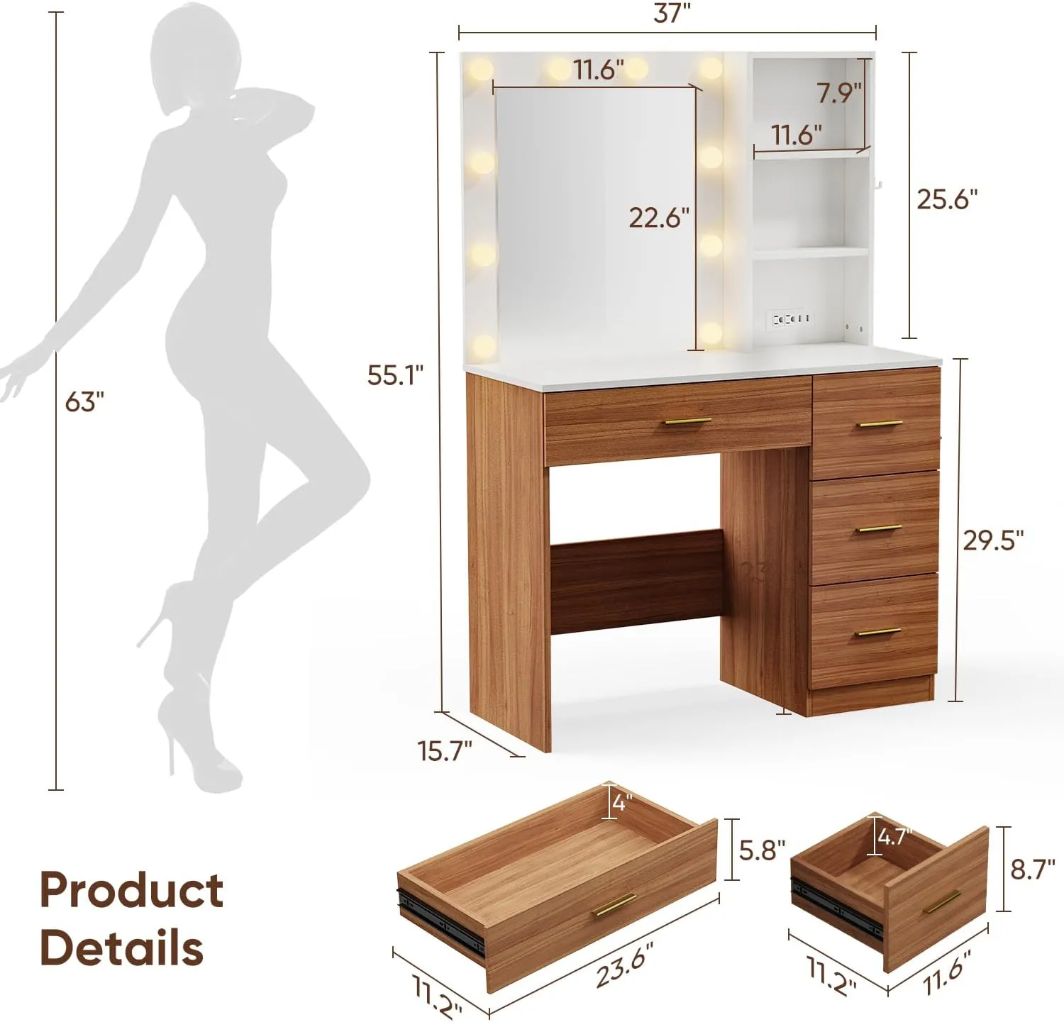 Wood-White Vanity Desk with LED Lighted Mirror, Makeup Vanity Desk with 4 Drawers Storage & Power Outlet, 3 Color Modes & Adjustable Brightness Vanitys Table for Bedroom, 37" W