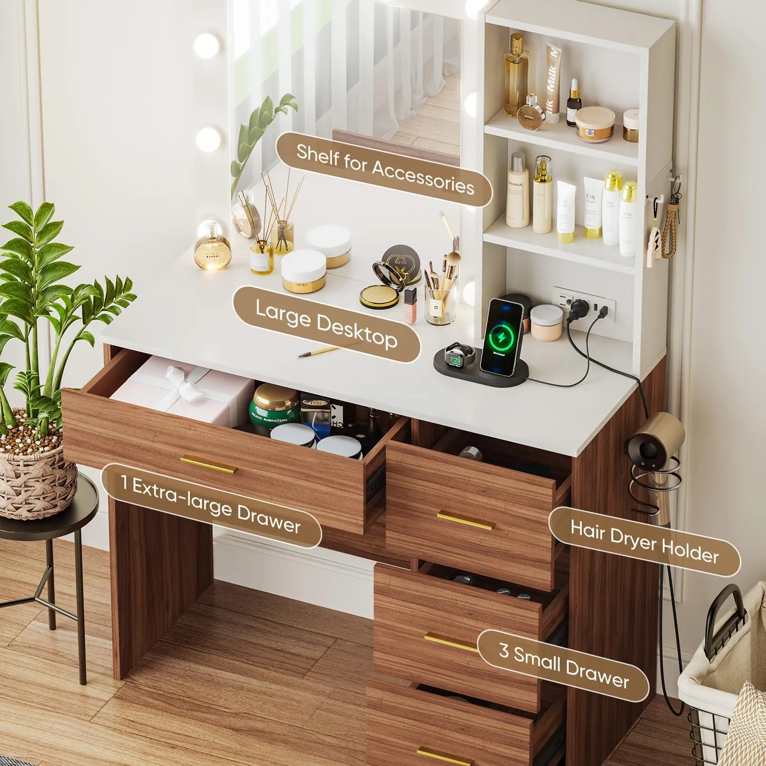 Wood-White Vanity Desk with LED Lighted Mirror, Makeup Vanity Desk with 4 Drawers Storage & Power Outlet, 3 Color Modes & Adjustable Brightness Vanitys Table for Bedroom, 37" W