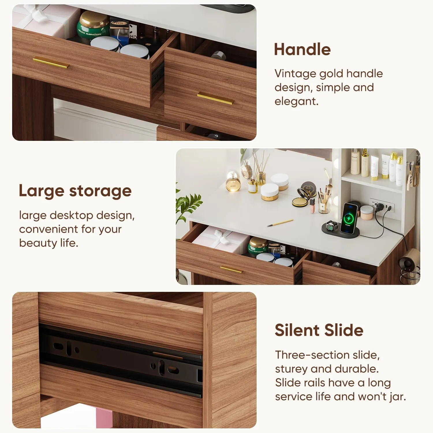 Wood-White Vanity Desk with LED Lighted Mirror, Makeup Vanity Desk with 4 Drawers Storage & Power Outlet, 3 Color Modes & Adjustable Brightness Vanitys Table for Bedroom, 37" W