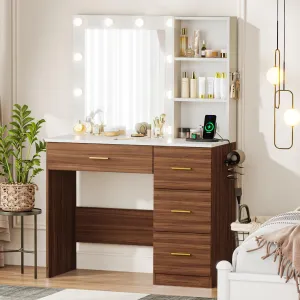 Wood-White Vanity Desk with LED Lighted Mirror, Makeup Vanity Desk with 4 Drawers Storage & Power Outlet, 3 Color Modes & Adjustable Brightness Vanitys Table for Bedroom, 37" W