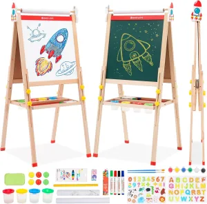 Wooden Art Easel for Kids Ages 2-12,Double-Sided Chalkboard & Whiteboard with Paper Roll,Folding Storage Tray,Gift for Boys & Girls