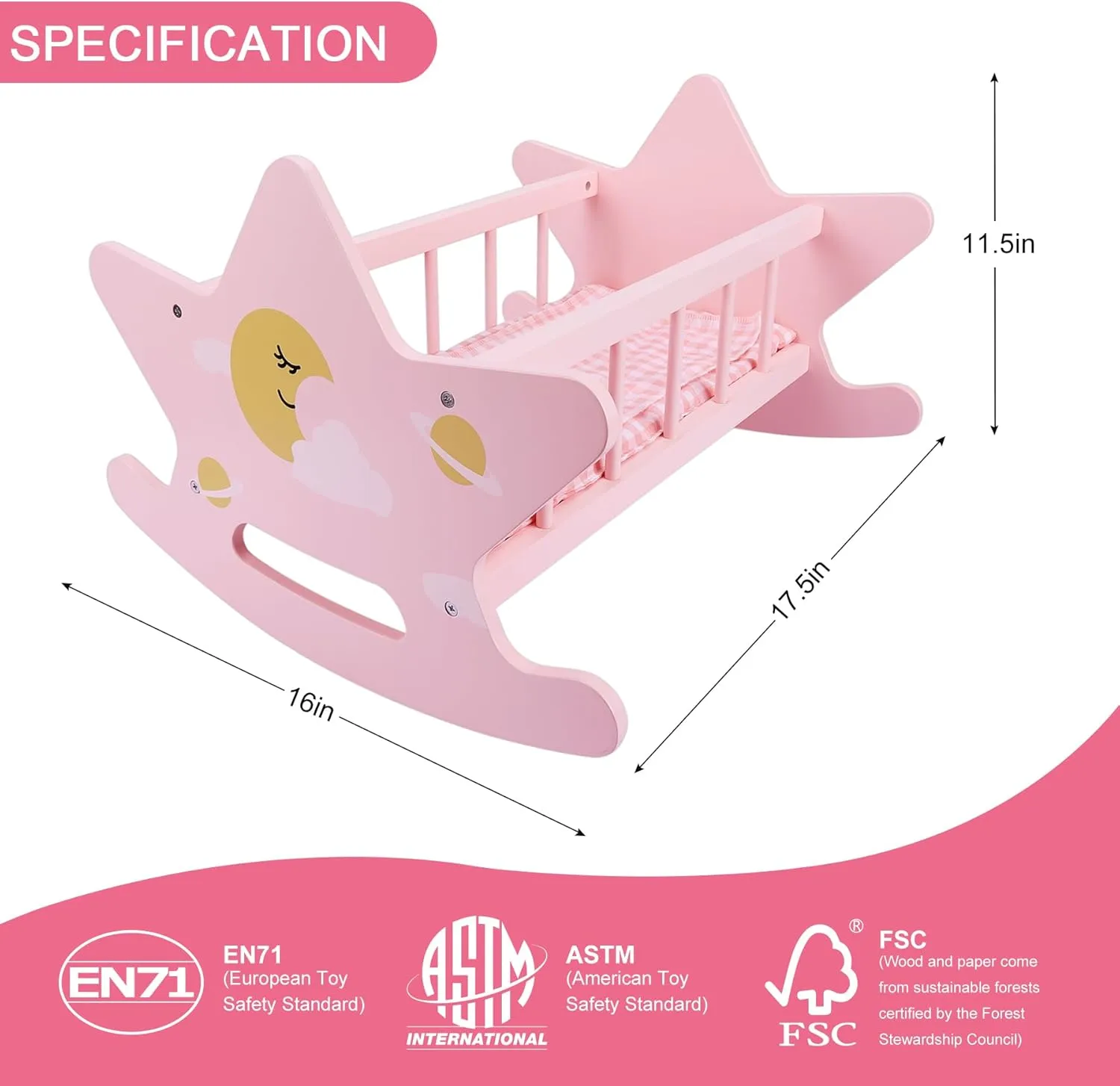 Wooden Baby Doll Crib Set, Pink Baby Doll Bed Toys, Rocking Baby Doll Cradle Accessories, Play Cradle for Dolls, Doll Furniture Accessories,Gift for Boys Girls Kids, Ages 3 
