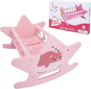 Wooden Baby Doll Crib Set, Pink Baby Doll Bed Toys, Rocking Baby Doll Cradle Accessories, Play Cradle for Dolls, Doll Furniture Accessories,Gift for Boys Girls Kids, Ages 3 