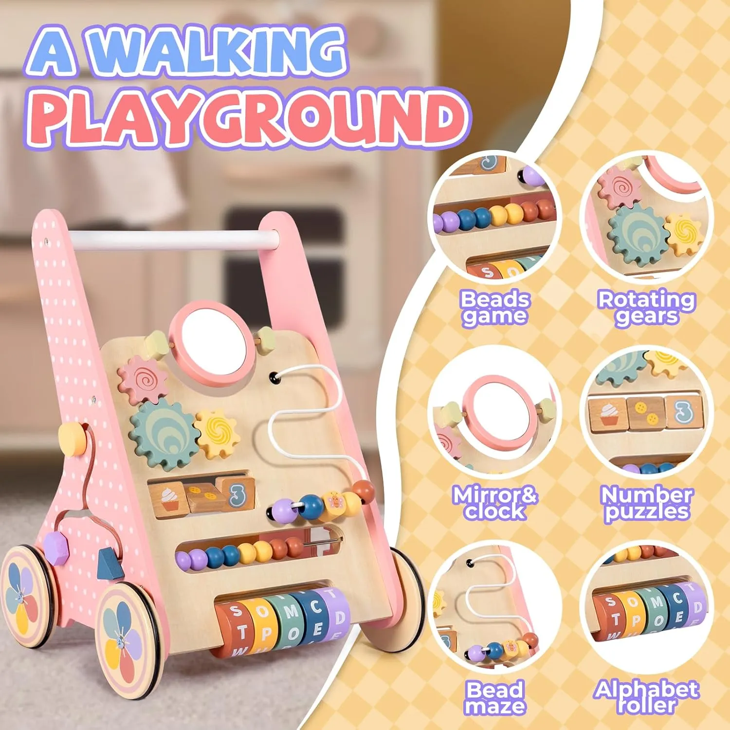 Wooden Baby Walker, Push Walker for Baby Girl 6-12 Months, Montessori Walker Push Toy for Toddlers Learning to Walk