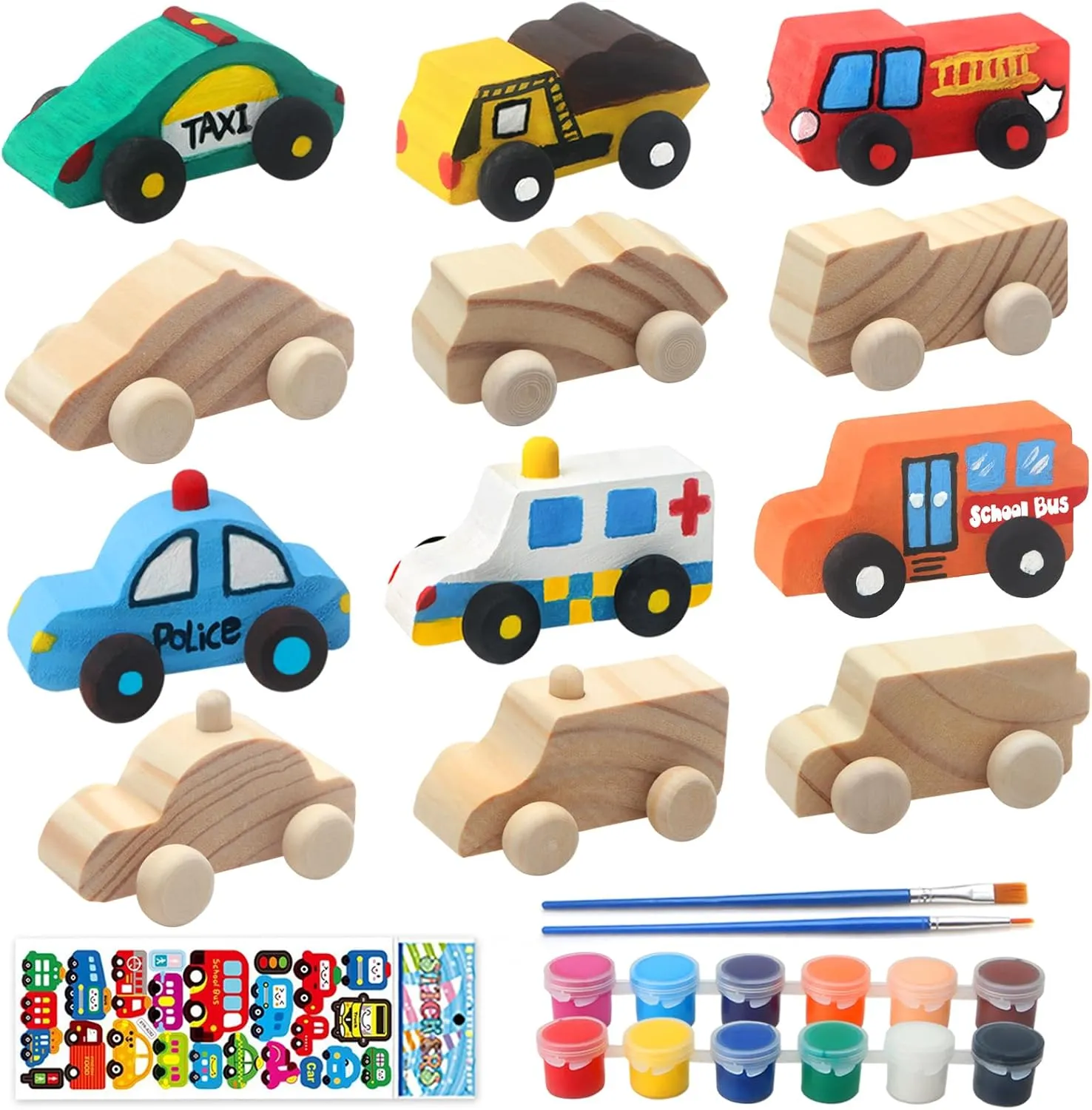 Wooden Cars to Paint for Kids,Come with 12pcs DIY Wooden Cars for 12pcs of Color Pigments and 1pcs Car Styling Sticker