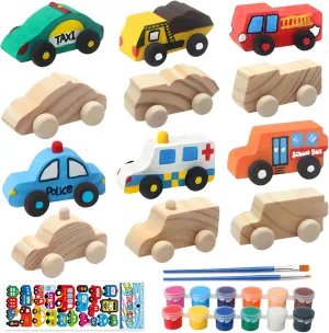 Wooden Cars to Paint for Kids,Come with 12pcs DIY Wooden Cars for 12pcs of Color Pigments and 1pcs Car Styling Sticker