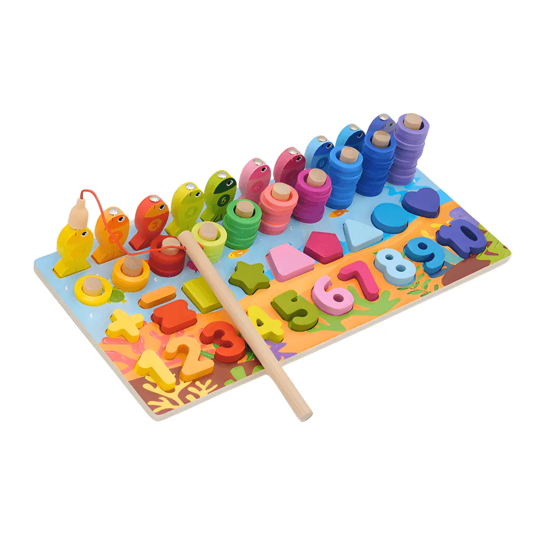 Wooden Fishing Board Game 4 in 1- Numbers, Shapes,, Stacking, (Pack of 1)