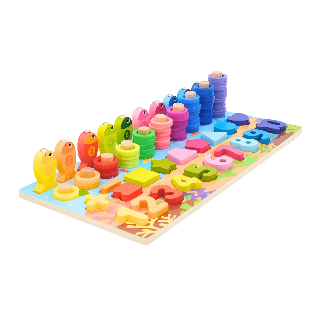 Wooden Fishing Board Game 4 in 1- Numbers, Shapes,, Stacking, (Pack of 1)